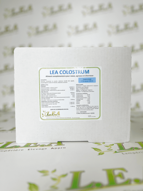 LEA colostrum, aliment d'allaitement pour veaux d'élevage. L.E.A, société de négoce agricole, Villeneuve-en-Perseigne.